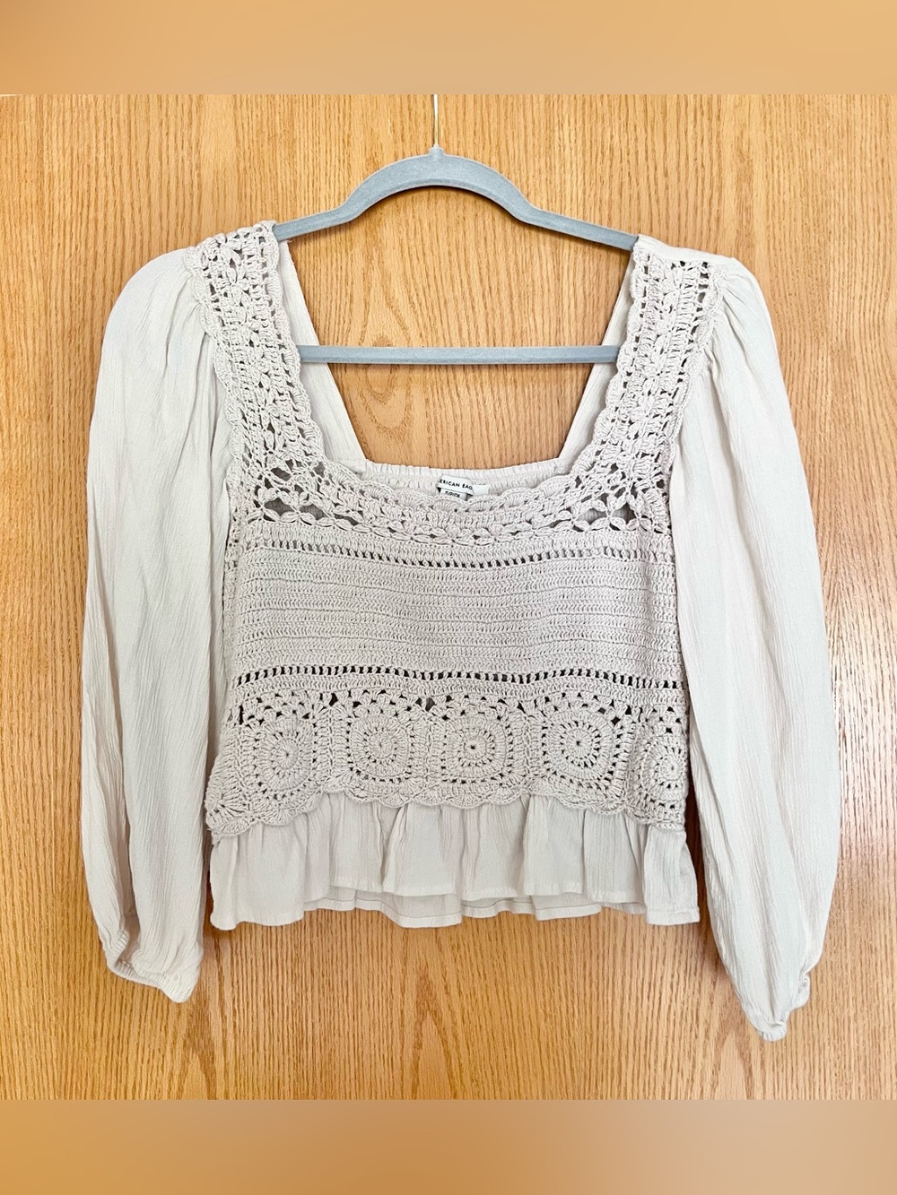 American Eagle Outfitters Crochet Puffed Sleeve Cream Blouse Small
